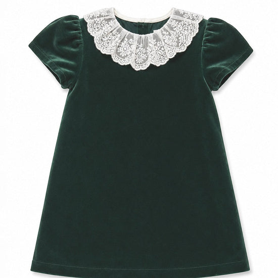 Carriage Boutique toddler dress in deep green velvet with a delicate white lace collar and short puff sleeves.