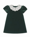 Carriage Boutique toddler dress in deep green velvet with a delicate white lace collar and short puff sleeves.