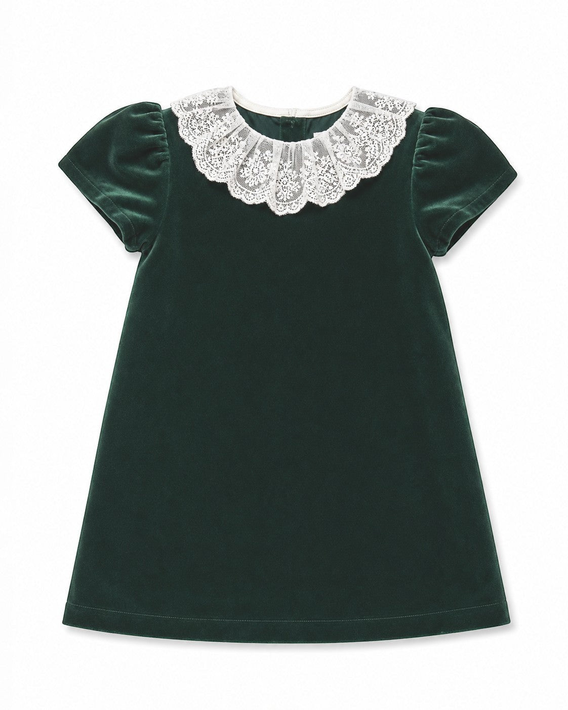 Carriage Boutique toddler dress in deep green velvet with a delicate white lace collar and short puff sleeves.