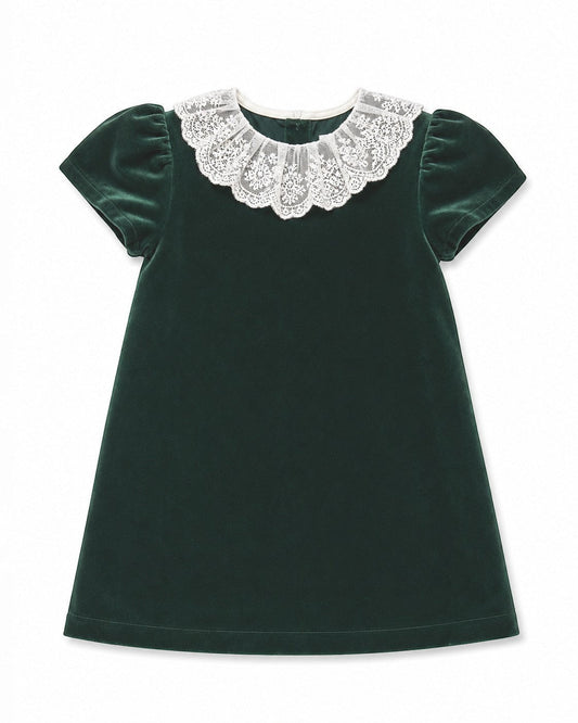 Carriage Boutique toddler dress in deep green velvet with a delicate white lace collar and short puff sleeves.