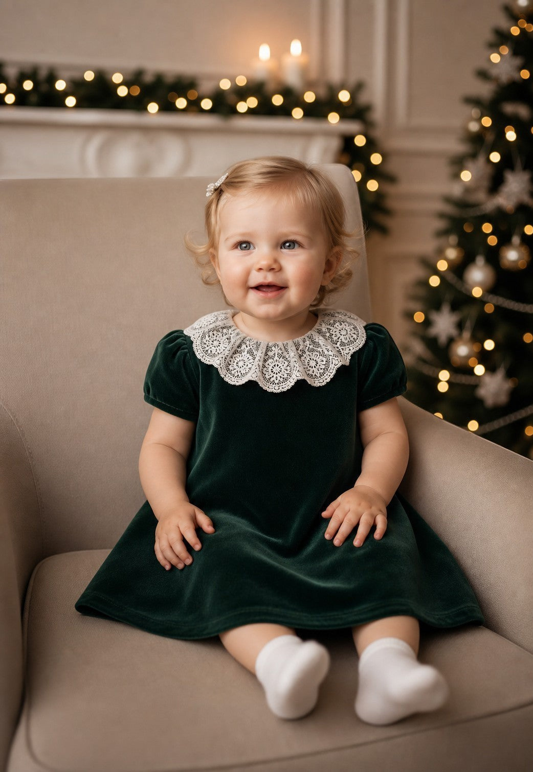 Carriage Boutique green velvet dress with white lace collar worn by a toddler sitting in a chair by a Christmas tree