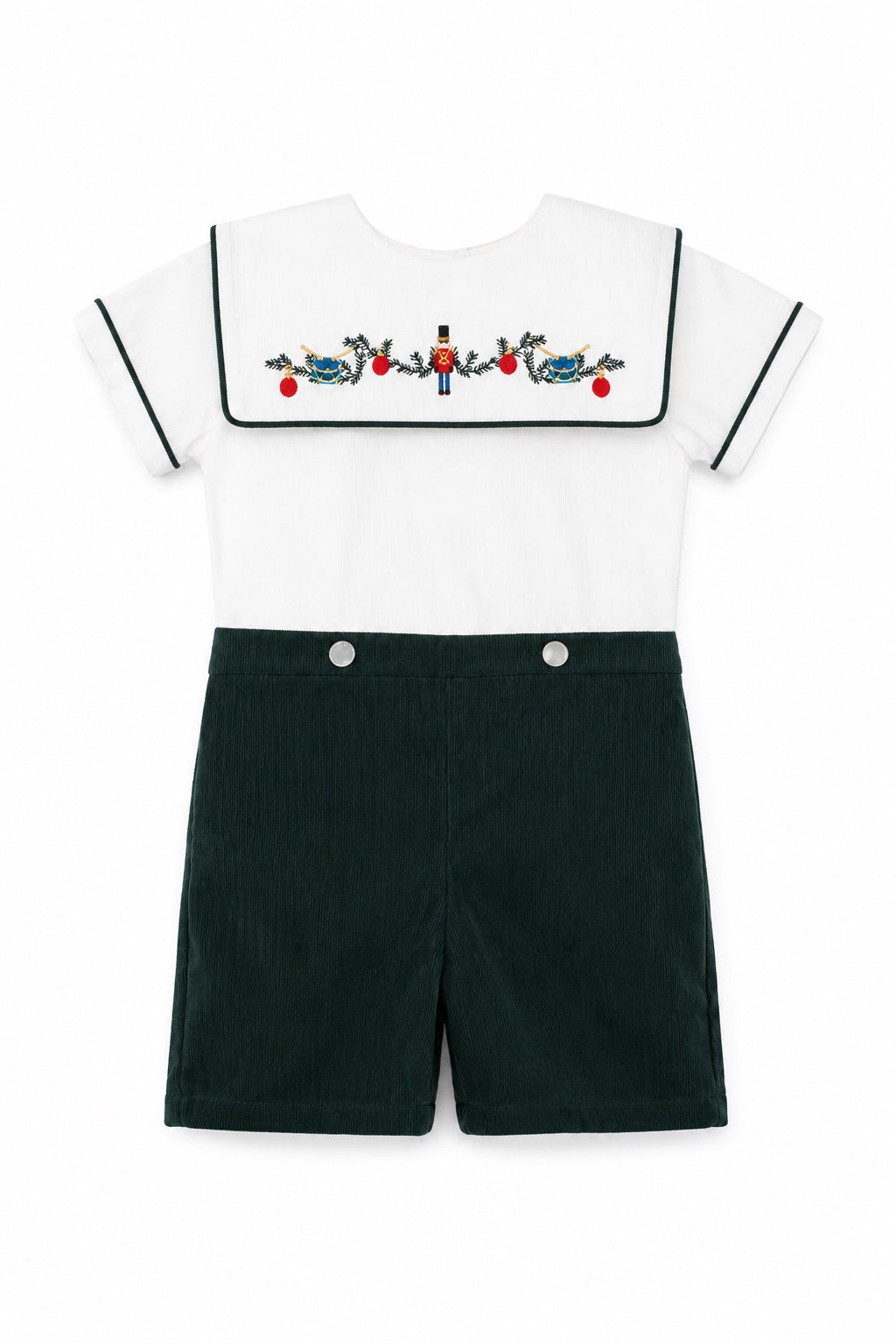 Carriage Boutique infant boy bobbie suit featuring a white shirt with a wooden soldier motif and green corduroy shorts