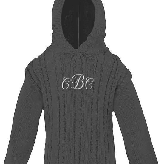 Carriage Boutique dark grey cable-knit baby boy hooded sweater with white monogram embroidery on the chest