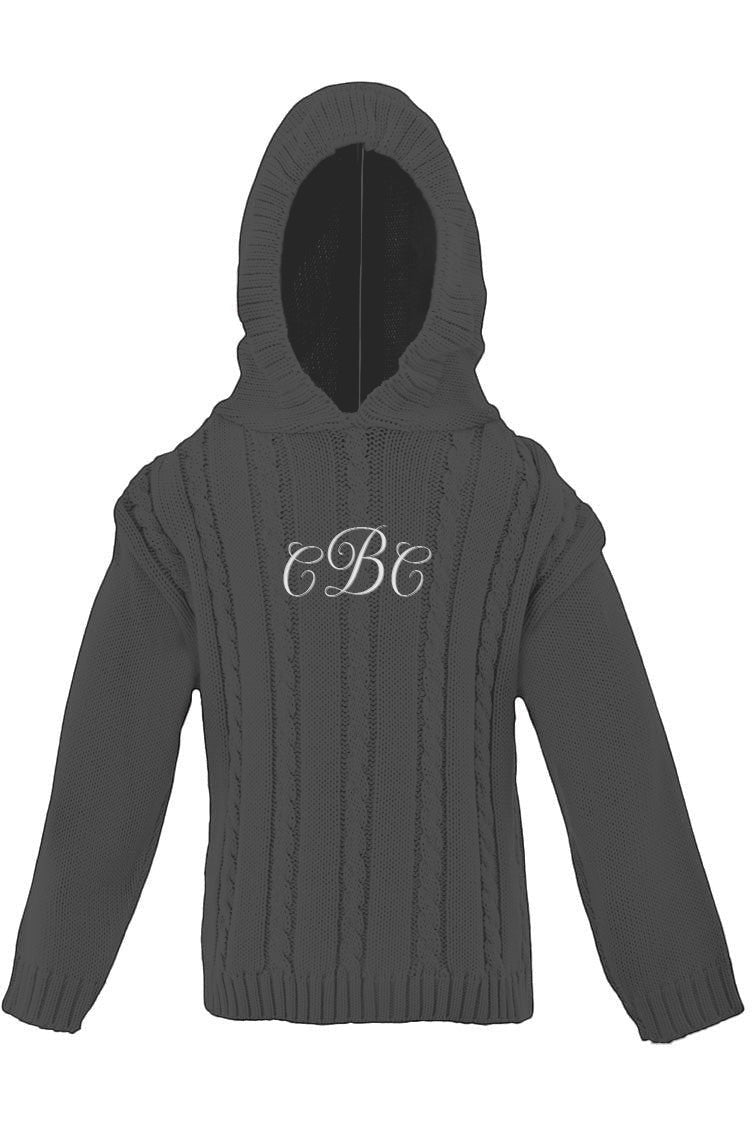 Carriage Boutique dark grey cable-knit baby boy hooded sweater with white monogram embroidery on the chest