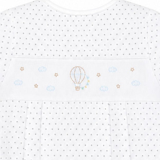Carriage Boutique white cotton bubble romper with grey polka dots and smocked hot air balloon embroidery