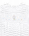 Carriage Boutique white cotton bubble romper with grey polka dots and smocked hot air balloon embroidery