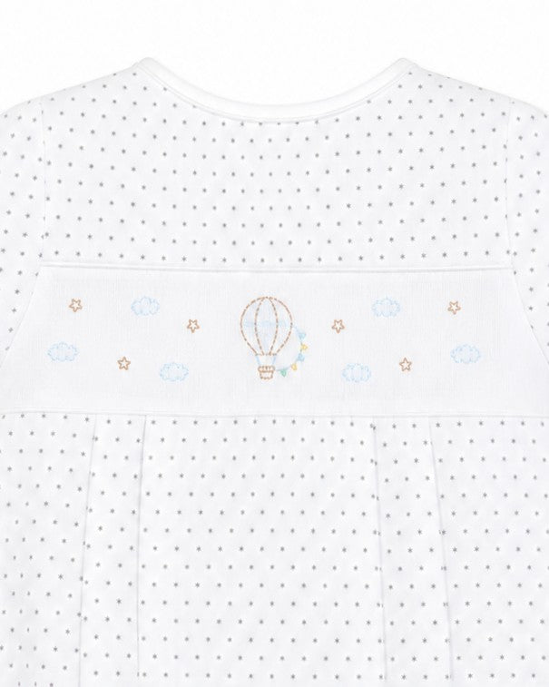 Carriage Boutique white cotton bubble romper with grey polka dots and smocked hot air balloon embroidery