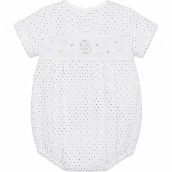 Carriage Boutique baby boys white bubble romper with grey polka dots and embroidered hot air balloon smocked chest.