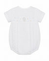 Carriage Boutique baby boys white bubble romper with grey polka dots and embroidered hot air balloon smocked chest.
