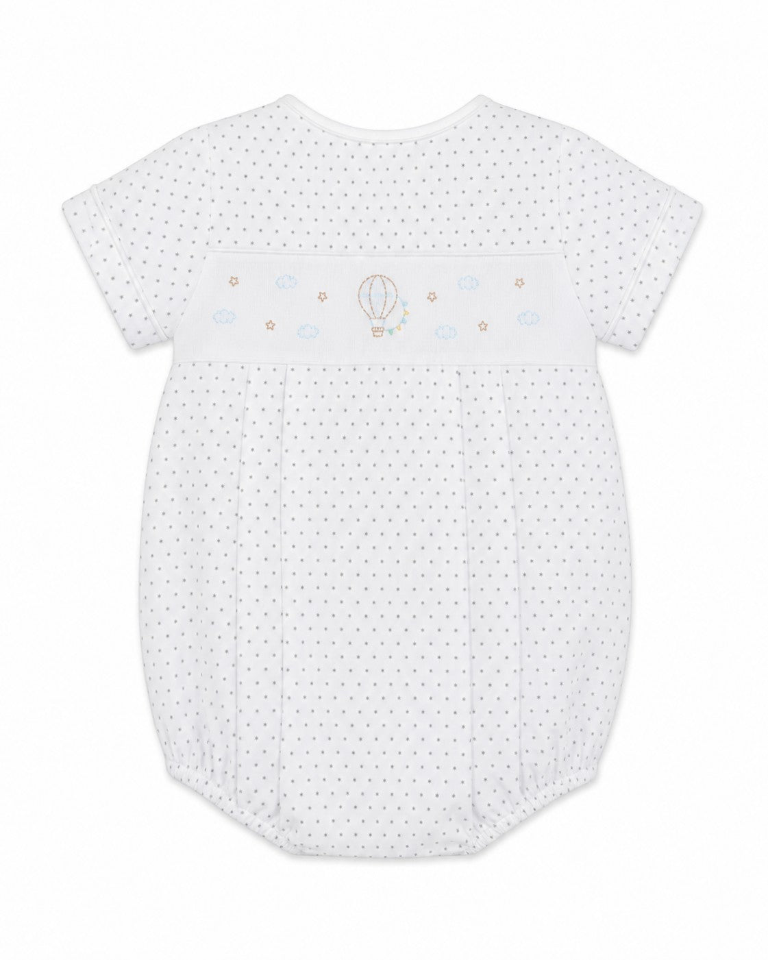 Carriage Boutique baby boys white bubble romper with grey polka dots and embroidered hot air balloon smocked chest.