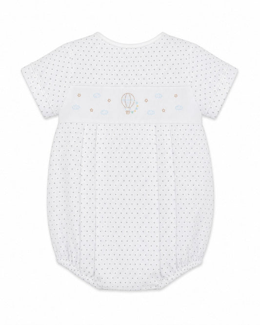 Carriage Boutique baby boys white bubble romper with grey polka dots and embroidered hot air balloon smocked chest.