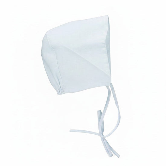 Carriage Boutique light blue infant bonnet with soft fabric and tie closures for a classic, elegant look.