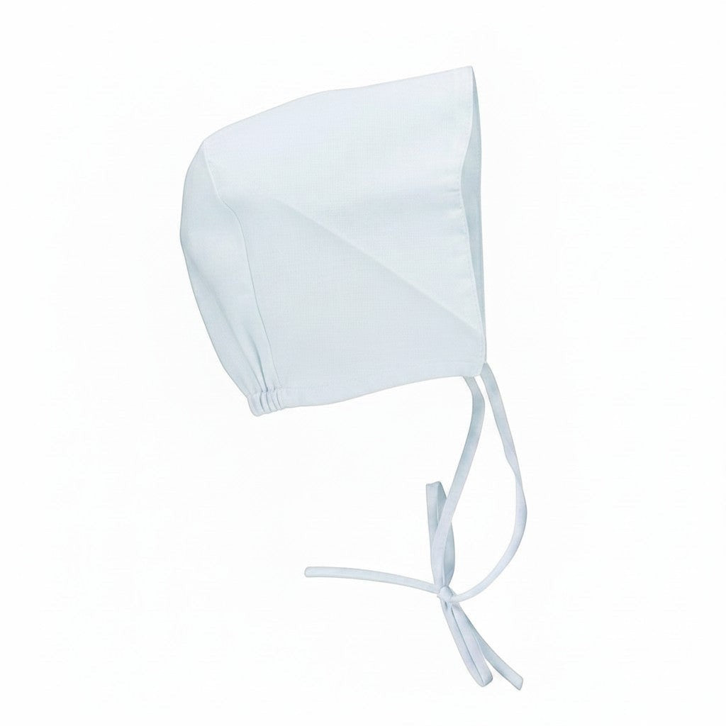 Carriage Boutique light blue infant bonnet with soft fabric and tie closures for a classic, elegant look.
