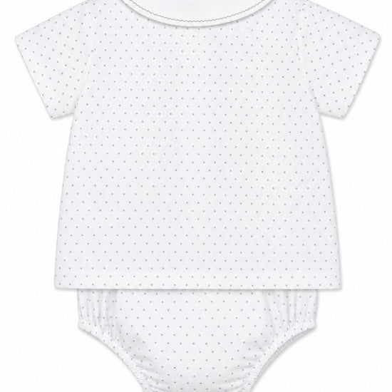 Carriage Boutique infant shirt and bloomer set in white with grey star print and Peter Pan collar.