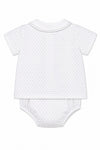 Carriage Boutique infant shirt and bloomer set in white with grey star print and Peter Pan collar.