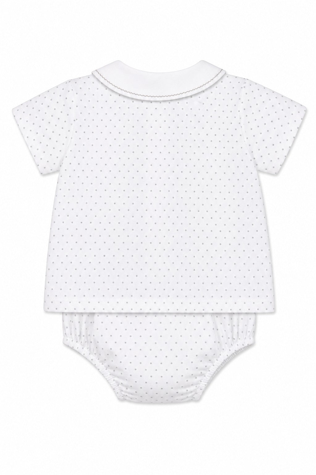 Carriage Boutique infant shirt and bloomer set in white with grey star print and Peter Pan collar.