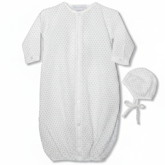 Carriage Boutique white infant sleep gown and matching bonnet with grey star print and button-front closure.