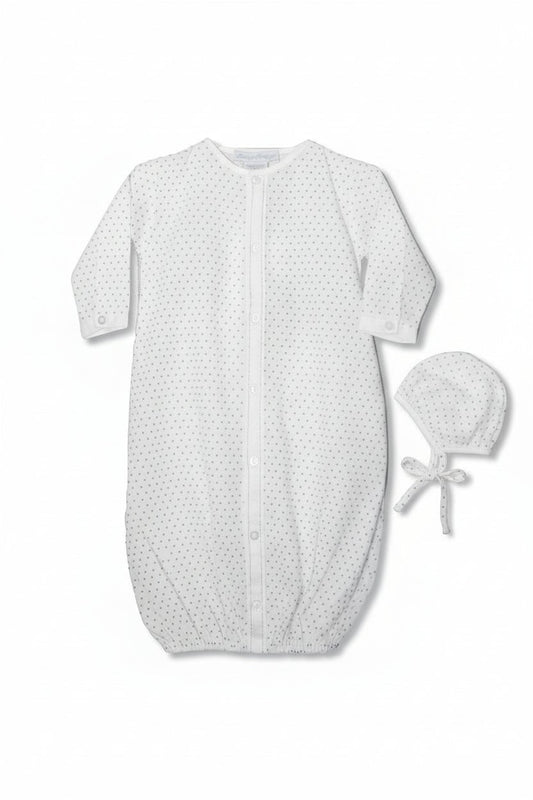 Carriage Boutique white infant sleep gown and matching bonnet with grey star print and button-front closure.