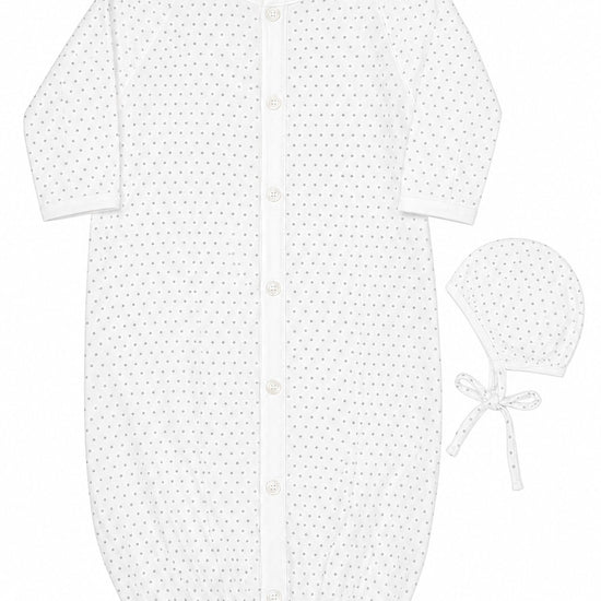 Carriage Boutique white infant sleep gown and matching bonnet with grey star print and button-front closure.
