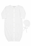 Carriage Boutique white infant sleep gown and matching bonnet with grey star print and button-front closure.
