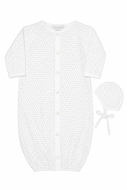 Carriage Boutique white infant sleep gown and matching bonnet with grey star print and button-front closure.