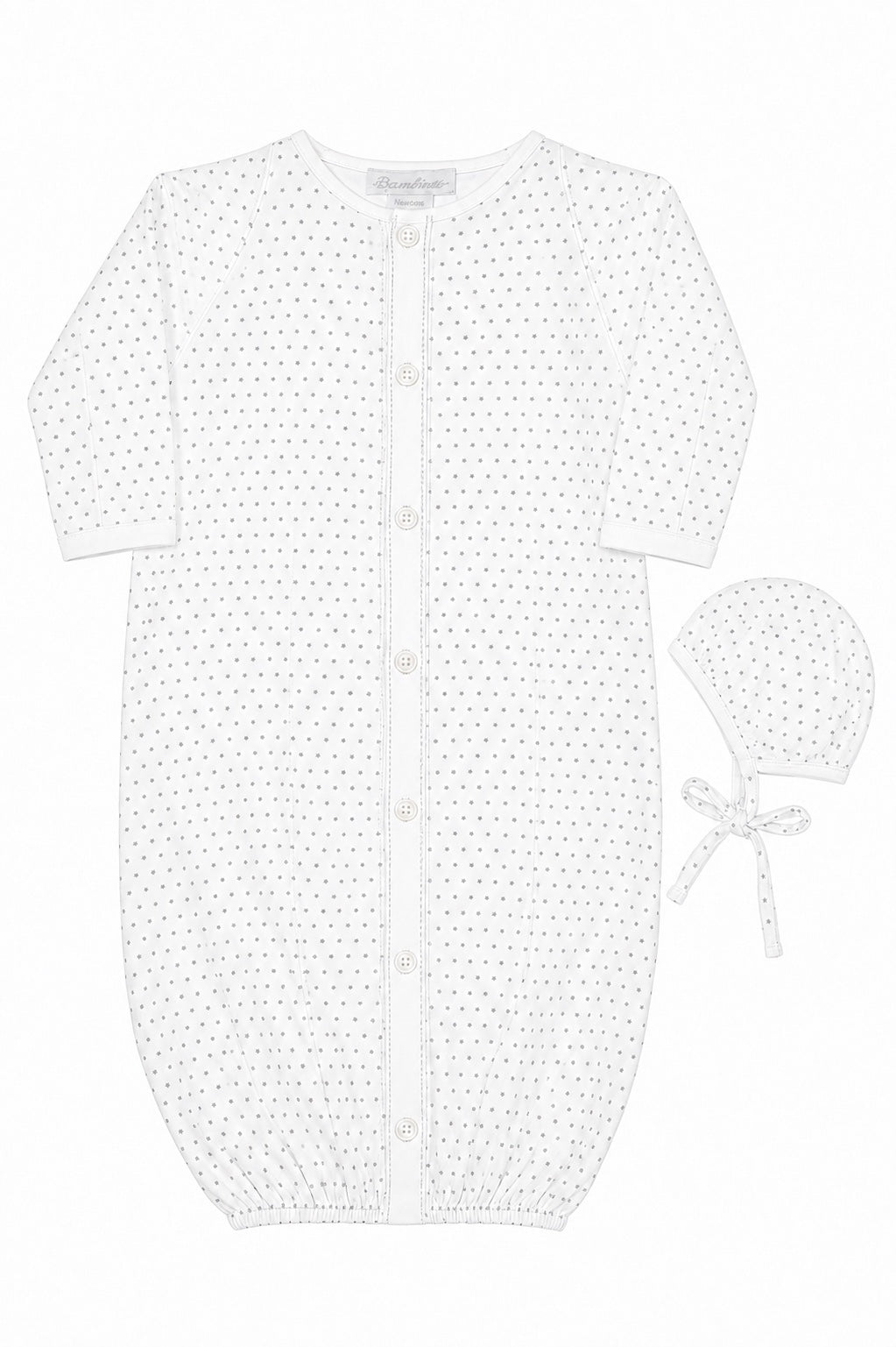Carriage Boutique infant sleep gown and matching bonnet in white with a subtle grey star print and button front