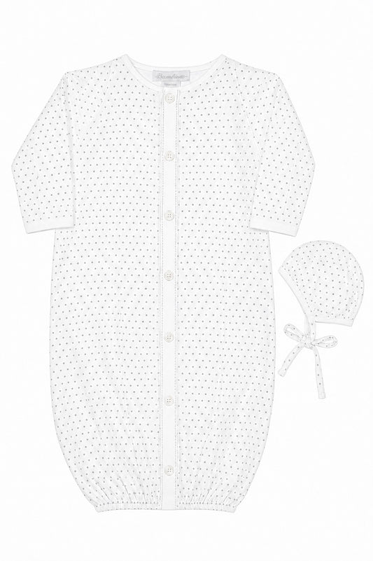 Carriage Boutique infant sleep gown and matching bonnet in white with a subtle grey star print and button front