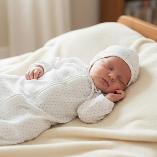 Newborn sleeping in a Carriage Boutique white gown and matching bonnet with a subtle grey star print.