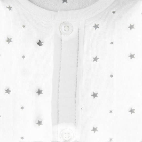 Carriage Boutique white infant sleep gown with grey star print and button-front closure for easy diaper changes