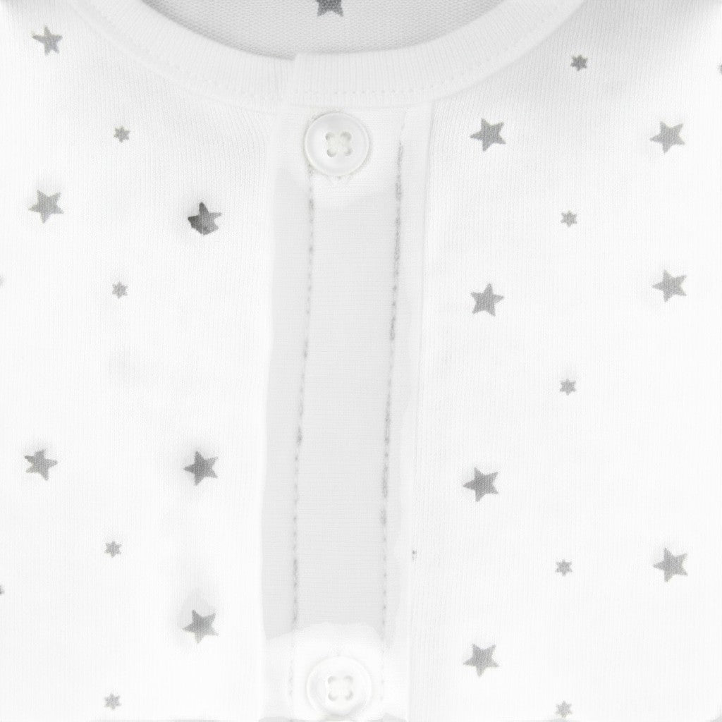 Carriage Boutique white infant sleep gown with grey star print and button-front closure for easy diaper changes
