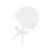 Carriage Boutique white infant bonnet with grey star print and soft tie closure for newborns