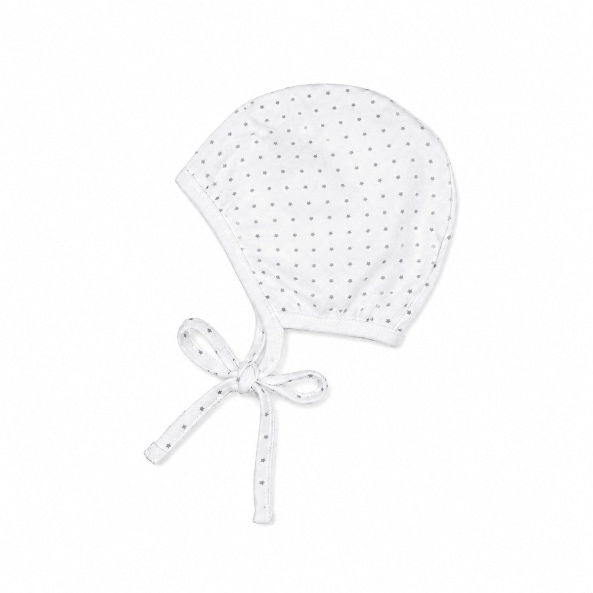 Carriage Boutique white infant bonnet with grey star print and soft tie closure for newborns