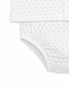 Carriage Boutique infant shirt and bloomer set in white with a delicate grey star print and elasticated leg openings.