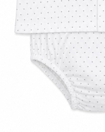 Carriage Boutique infant shirt and bloomer set in white with a delicate grey star print and elasticated leg openings.