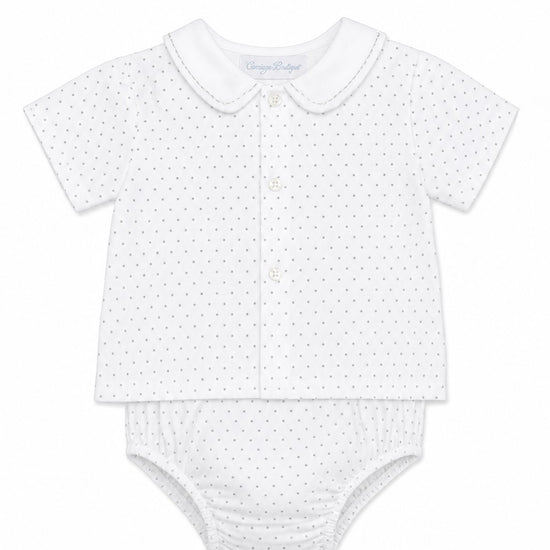 Carriage Boutique infant shirt and bloomer set in white with grey star print and Peter Pan collar.