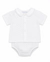 Carriage Boutique infant shirt and bloomer set in white with grey star print and Peter Pan collar.