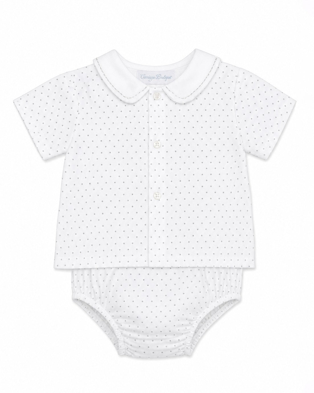 Carriage Boutique infant shirt and bloomer set in white with grey star print and Peter Pan collar.