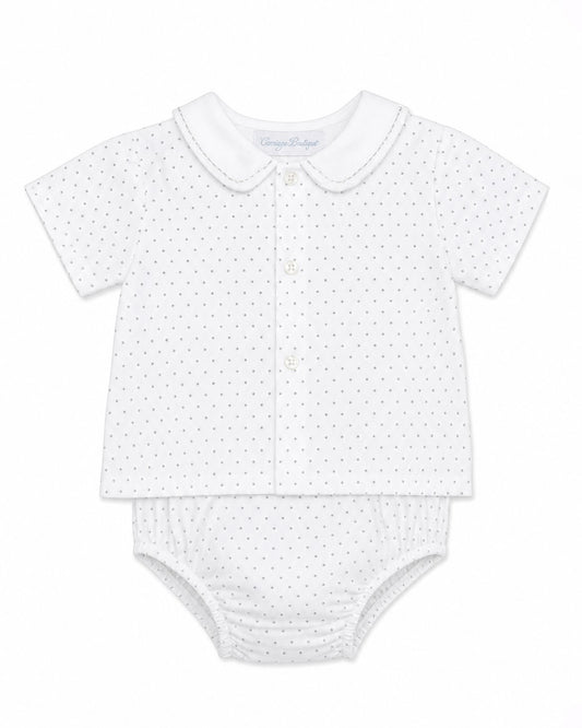 Carriage Boutique infant shirt and bloomer set in white with grey star print and Peter Pan collar.