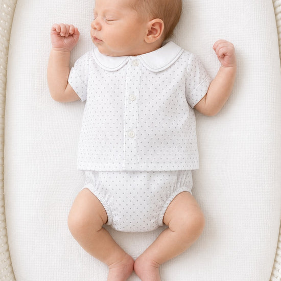 Carriage Boutique infant shirt and bloomer set in white with grey star print, Peter Pan collar, and button front.