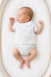Carriage Boutique infant shirt and bloomer set in white with grey star print, Peter Pan collar, and button front.