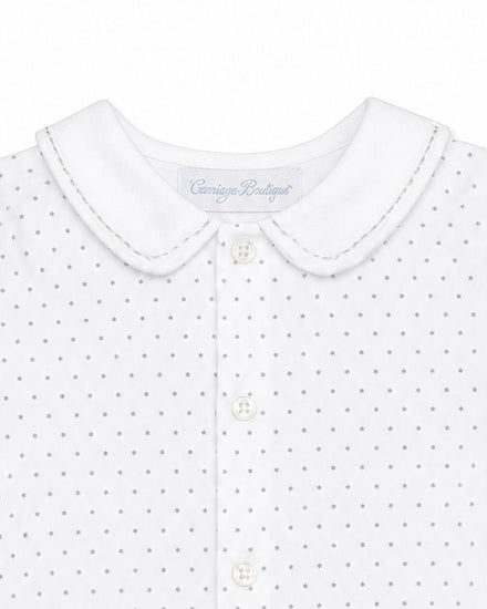 Carriage Boutique white infant shirt with grey star print, Peter Pan collar, and button-down front.
