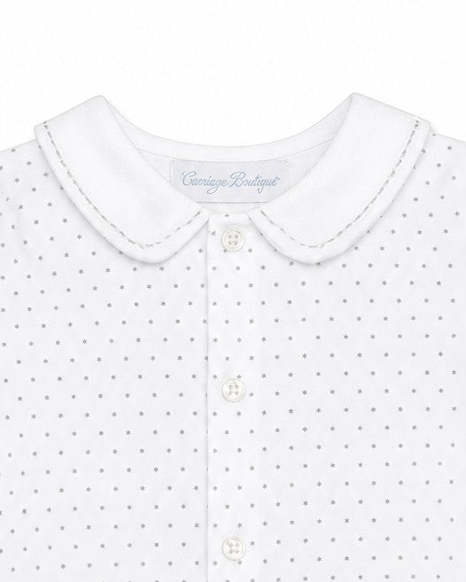 Carriage Boutique white infant shirt with grey star print, Peter Pan collar, and button-down front.