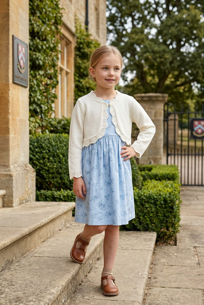 Carriage Boutique ivory cotton bolero shrug worn by a young girl over a blue floral dress outdoors