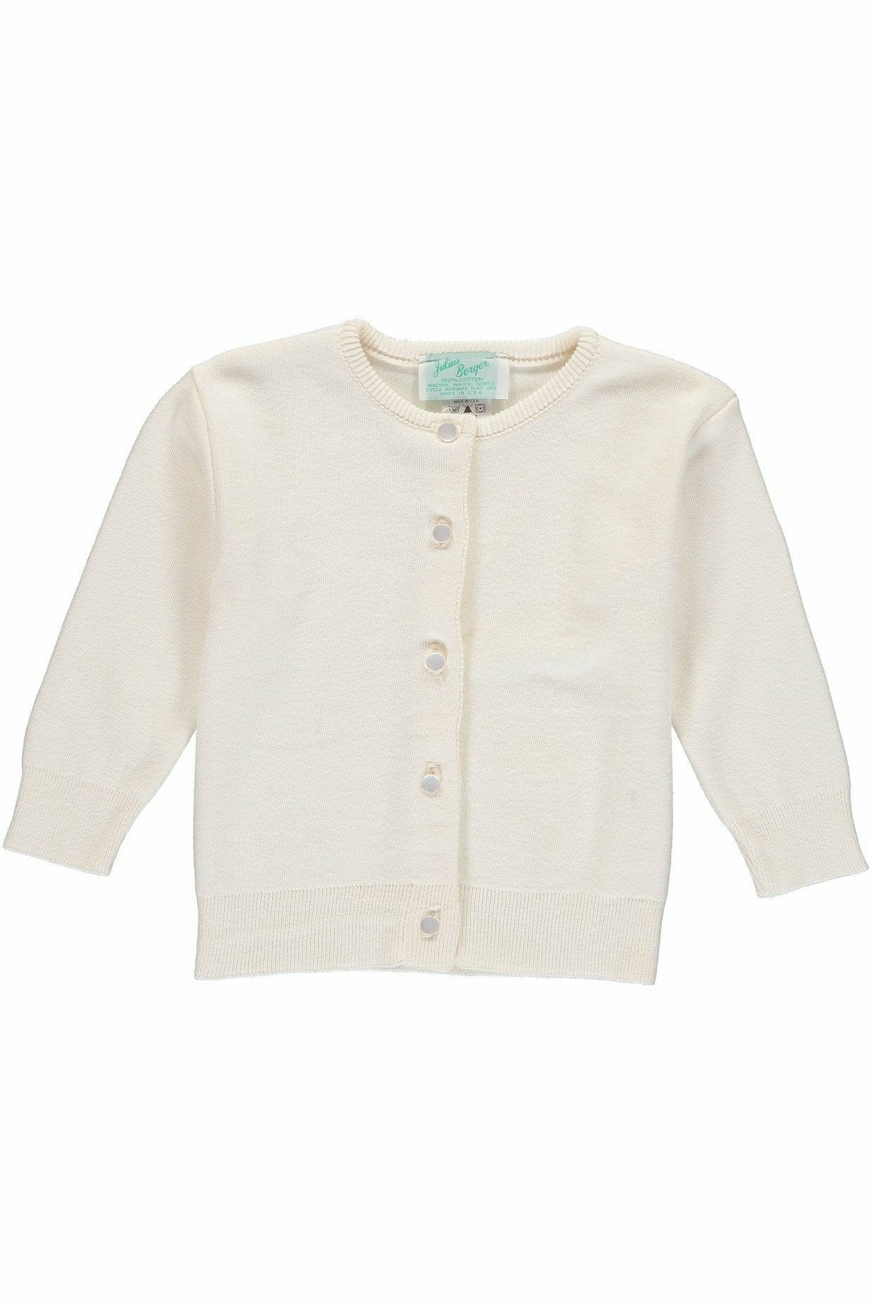 Carriage Boutique Julius Berger ivory baby girl cardigan in soft cotton cashmere blend with button-front closure