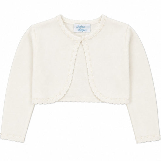 Carriage Boutique ivory knit bolero sweater for toddler girls with a single-button closure and scalloped trim.