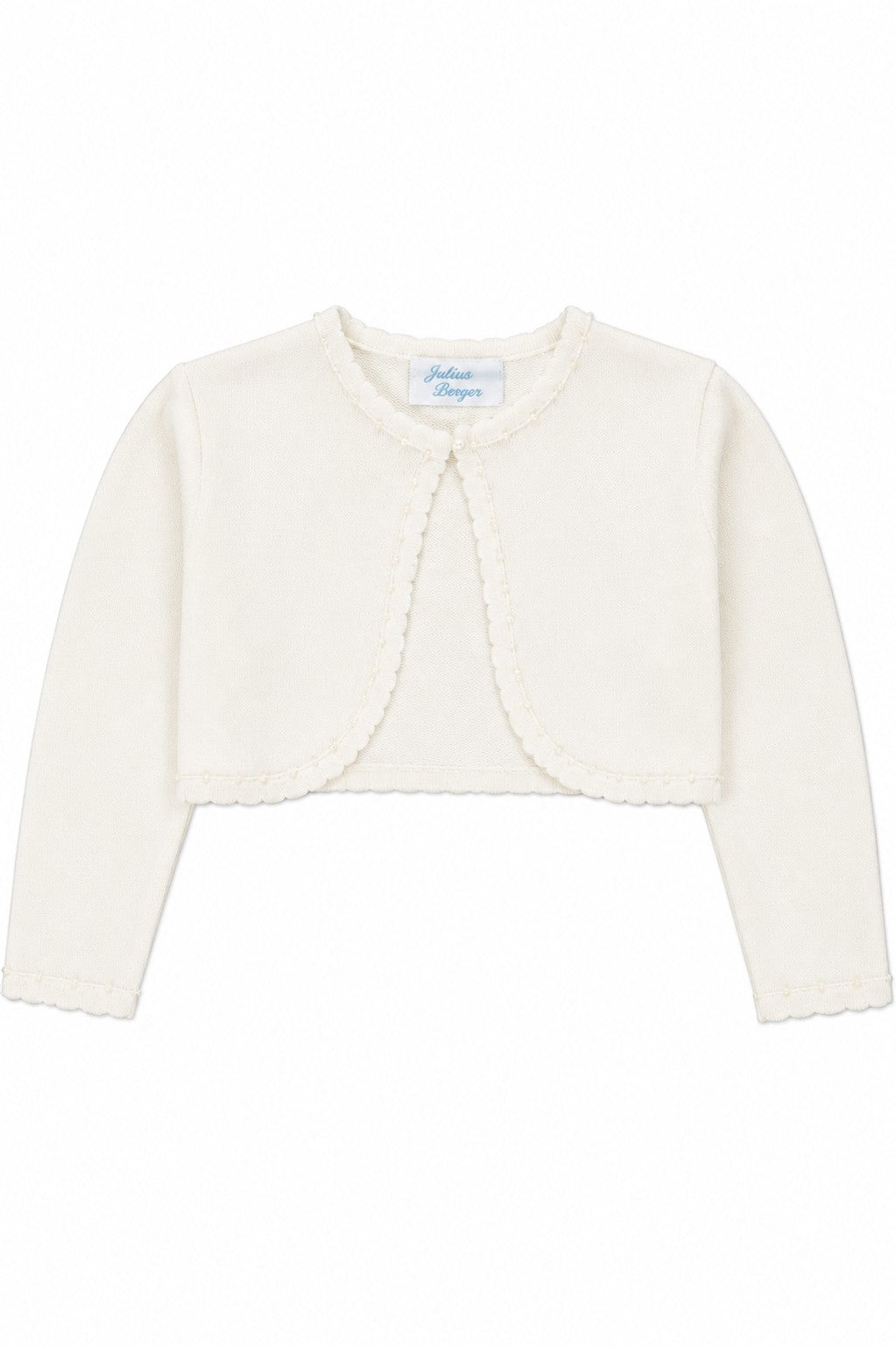 Carriage Boutique ivory knit bolero sweater for toddler girls with a single-button closure and scalloped trim.