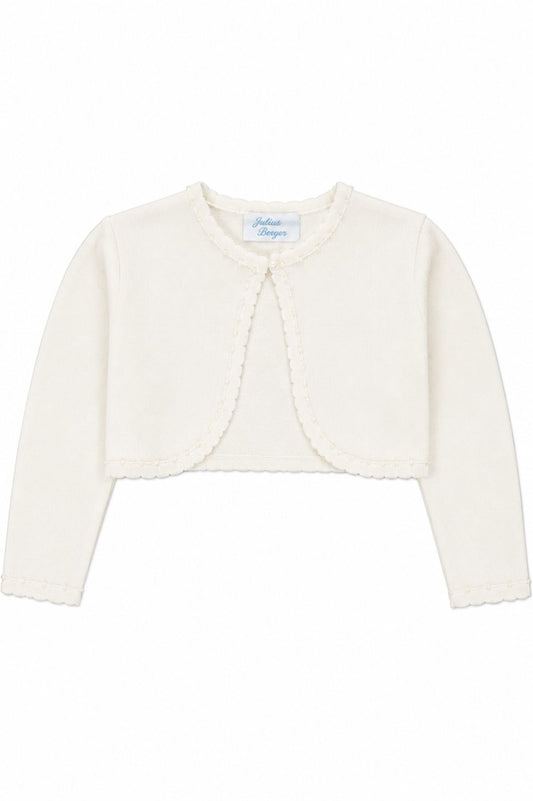 Carriage Boutique ivory knit bolero sweater for baby girls with delicate scalloped edges and a single-button closure.