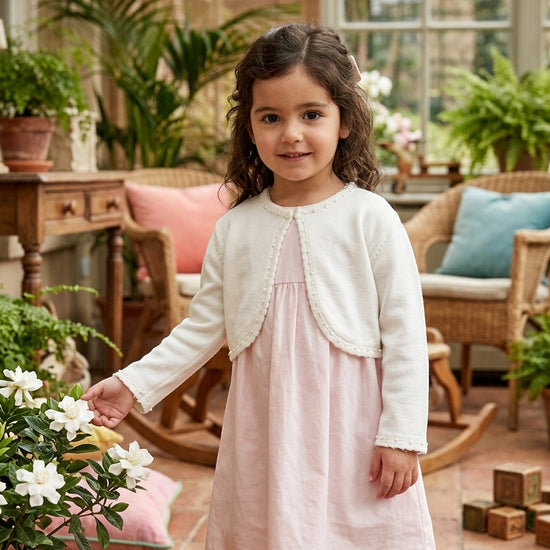 Carriage Boutique ivory knit bolero sweater worn by a young girl in a sunlit garden setting