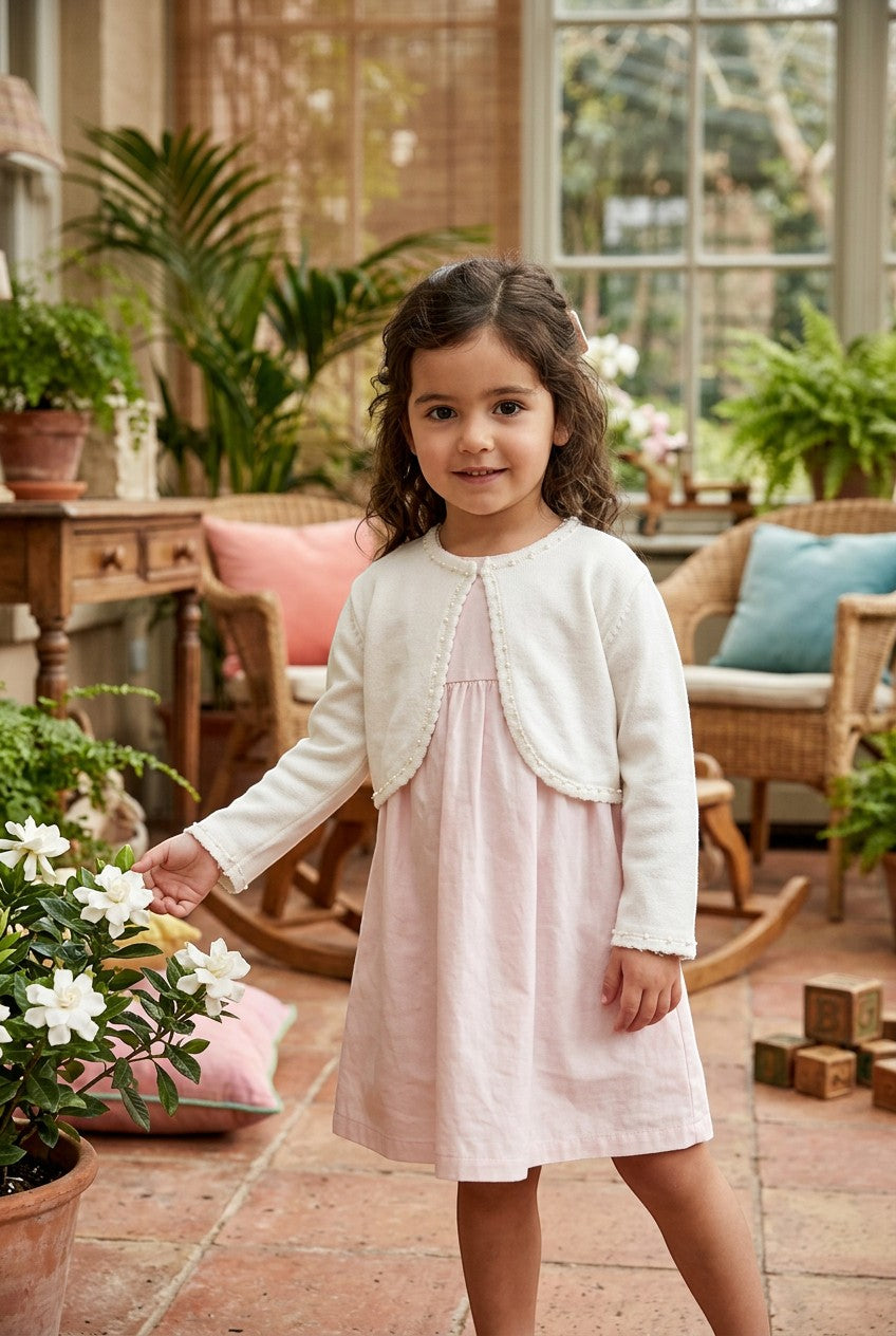 Carriage Boutique ivory knit bolero sweater worn by a young girl in a sunlit garden setting