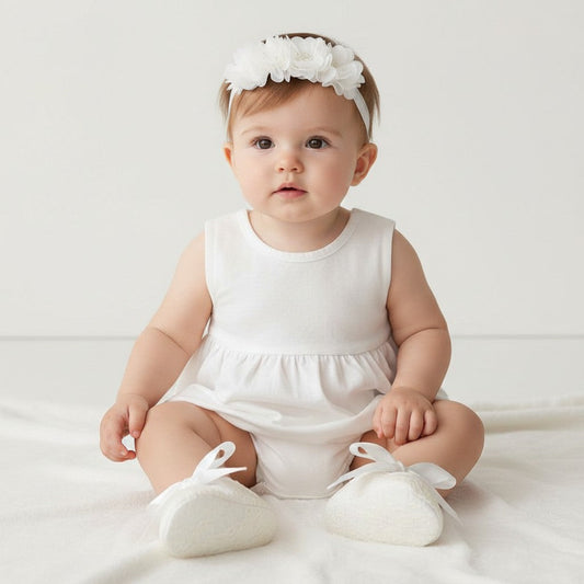 Carriage Boutique ivory lace baptism shoes and chiffon flower headband set worn by a baby girl